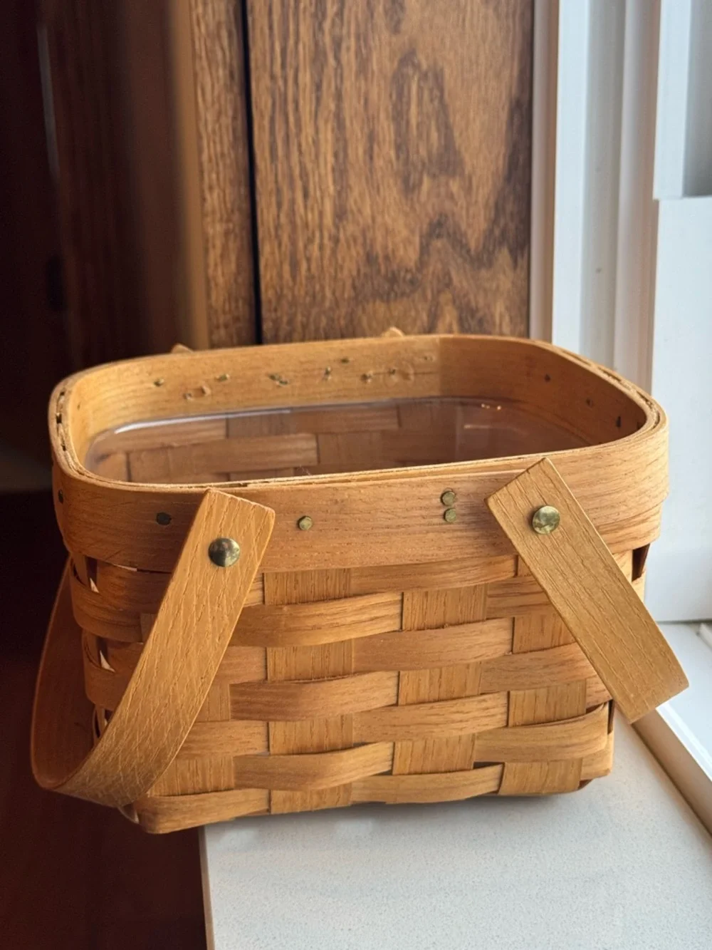 Peterboro Woven Wood Basket in Natural Wood Tone with Handles